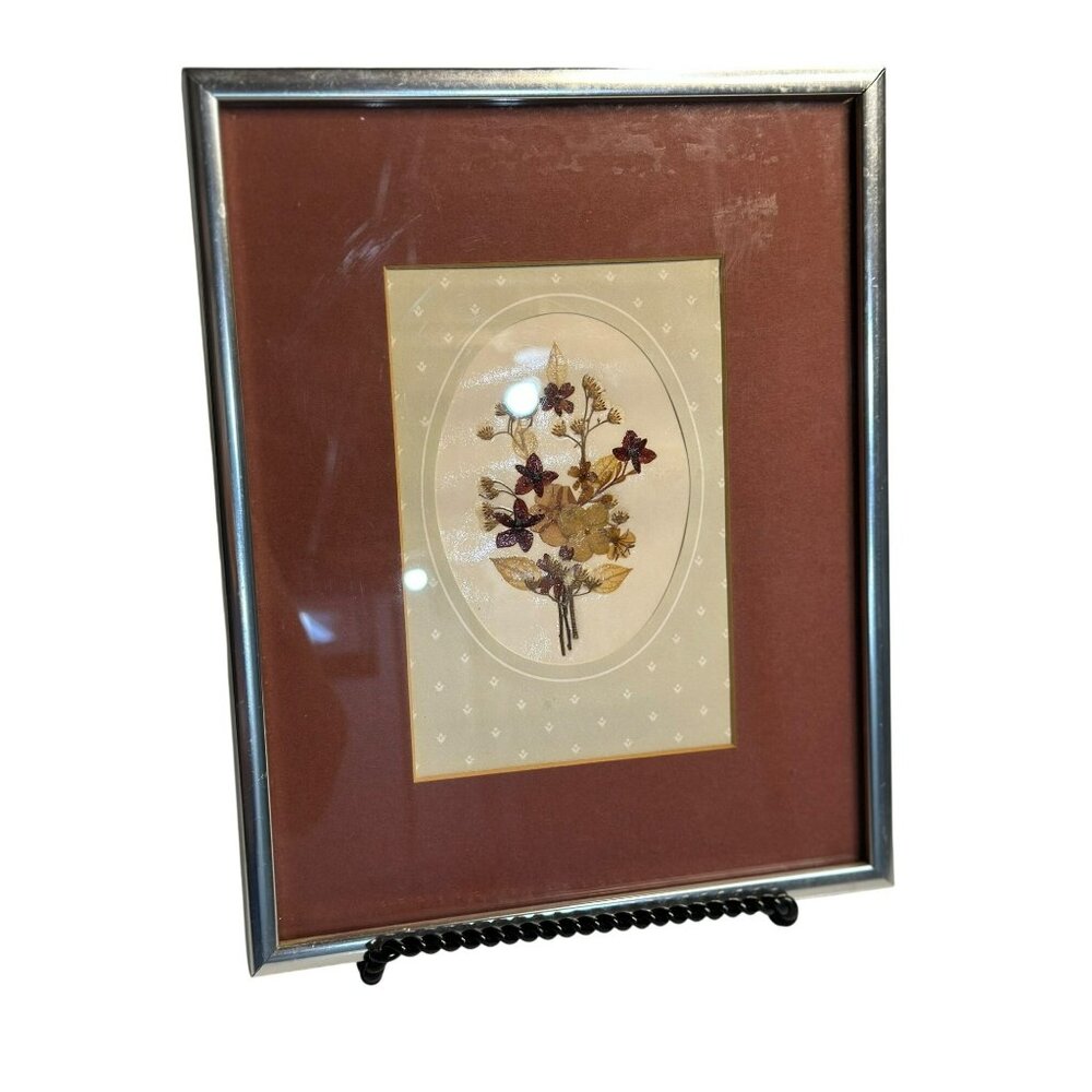 VTG Pressed Flower Art Frame Etched Silver Border‎ Botanical Herbarium 8x10.5